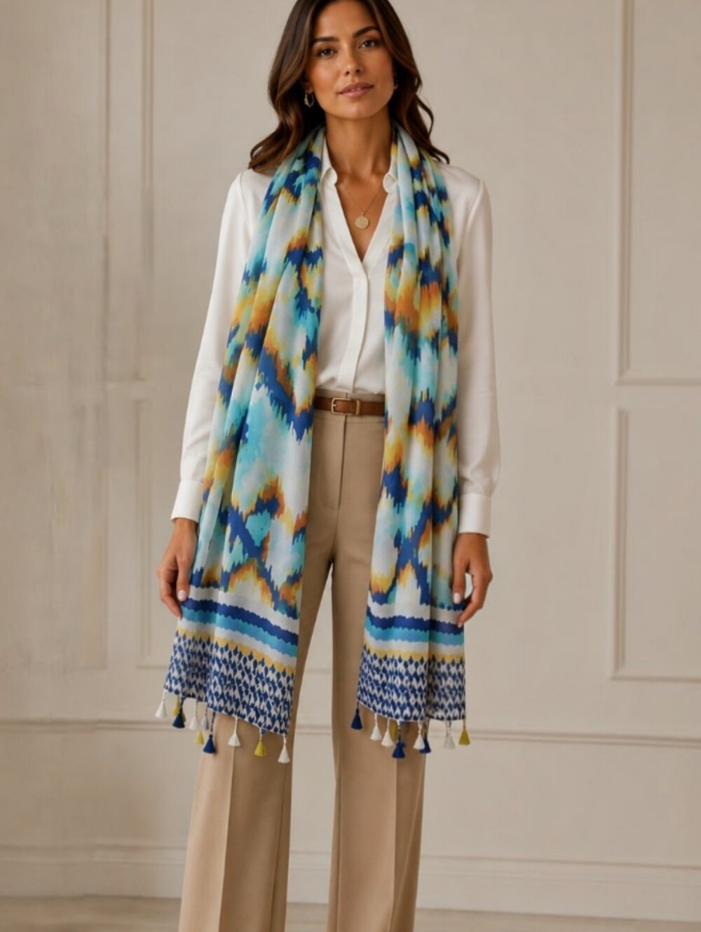 Chico's Cabo Ikat Oblong Scarf Sol Yellow Blue Tassel Scarf NWT 70" x 25"